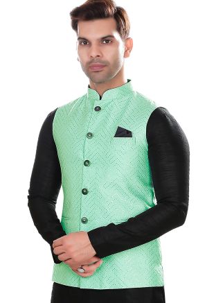 Green Embroidered Men Nehru Jacket