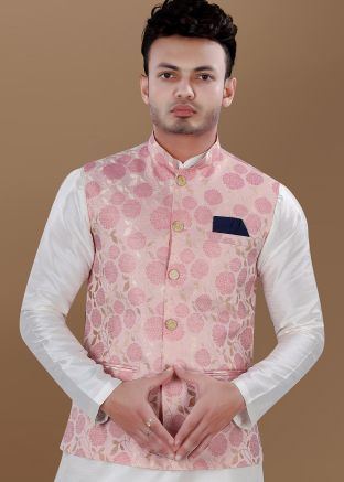 Pink Woven Men Nehru Jacket In Brocade