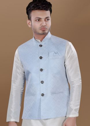 Blue Men Woven Nehru Jacket In Jacquard