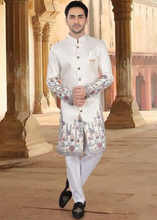 Cream Embroidered Indo Western Sherwani Set