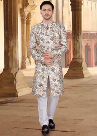 Cream Embellished Men Art Silk Sherwani Set