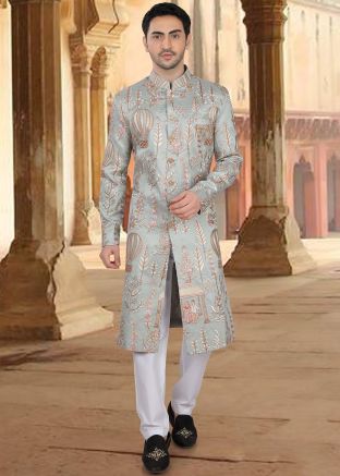 Blue Embroidered Art Silk Sherwani Set For Men