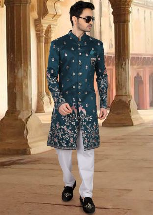Teal Blue Embellished Indo Western Sherwani