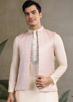 Off White Mirror Work Kurta With Nehru Jacket