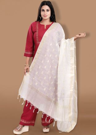 Off White Zari Woven Dupatta