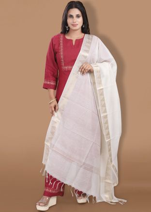 Off White Woven Border Dupatta