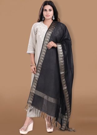 Black Woven Border Cotton Dupatta