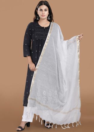 White Kota Dori Woven Border Dupatta