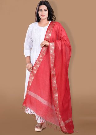 Red Cotton Woven Border Dupatta