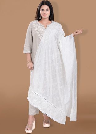 White Embroidered Cotton Silk Dupatta