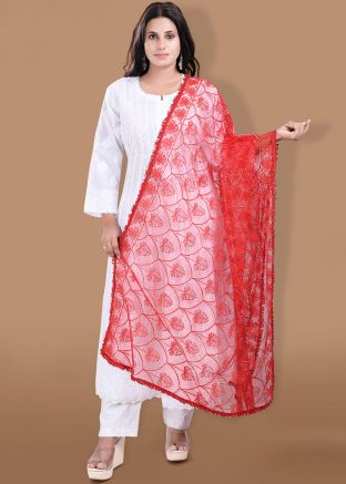 Red Thread Embroidered Net Dupatta
