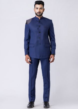 Navy Blue Terry Rayon Bandhgala Jodhpuri Suit