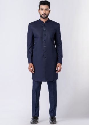 Navy Blue Plain Indo Western Sherwani Set