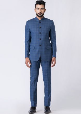 Readymade Blue Checked Bandhgala Jodhpuri Suit