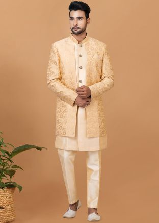 Golden Woven Jacket Style Indo Western Sherwani