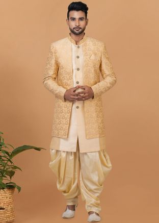 Golden Men Woven Dhoti Style Indo Western Sherwani