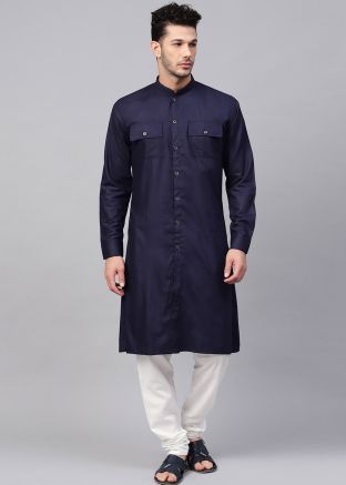 Navy Blue Readymade Front Slit Kurta Churidar Set