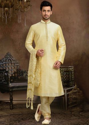 Cream Men Embroidered Kurta Pajama