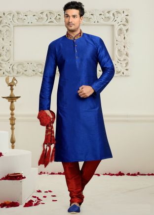 Blue Men Kurta Pajama In Dupion Silk