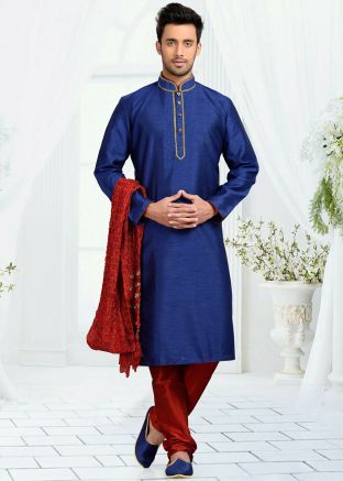 Blue Men Embroidered Kurta Pajama
