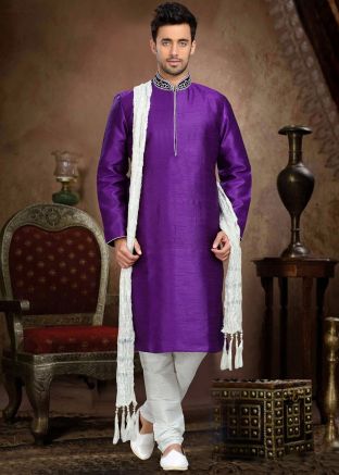 Purple Embroidered Men Kurta Pajama