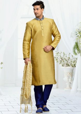Golden Men Kurta Pajama In Dupion Silk