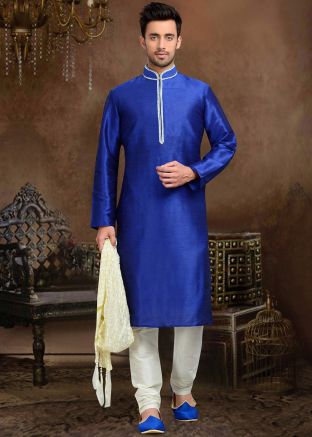 Blue Embroidered Men Kurta Pajama