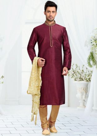 Maroon Embroidered Kurta Pajama In Dupion Silk