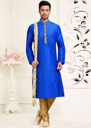 Blue Embroidered Men Kurta Pajama