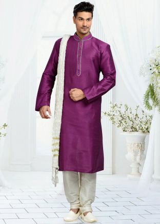 Purple Embroidered Men Kurta Pajama