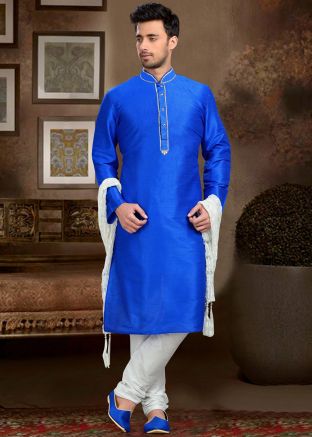 Blue Men Kurta Pajama In Dupion Silk