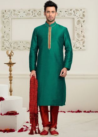 Green Men Embroidered Kurta Pajama