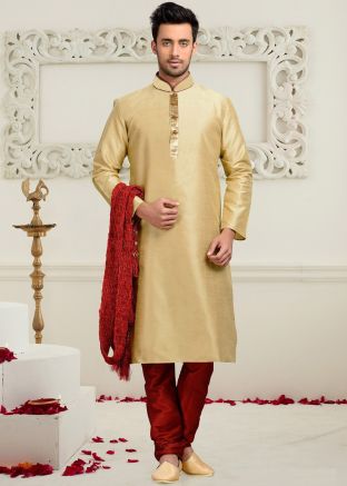 Golden Men Kurta Pajama In Dupion Silk