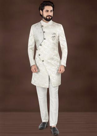 Silver Woven Men Indo Western Sherwani Set