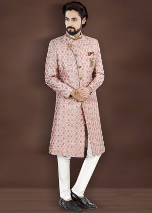 Pink Men Embroidered Brocade Sherwani Set