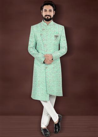 Turquoise Embroidered Men Asymmetric Sherwani Set