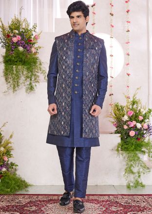 Blue Woven Indo Western Sherwani In Art Silk