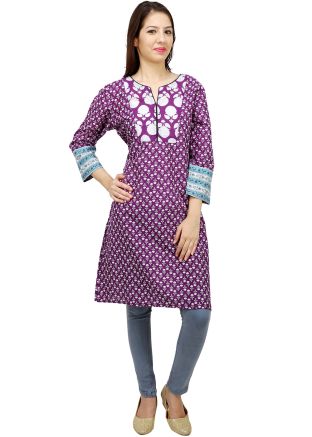 Purple and White Cotton Readymade Kurti
