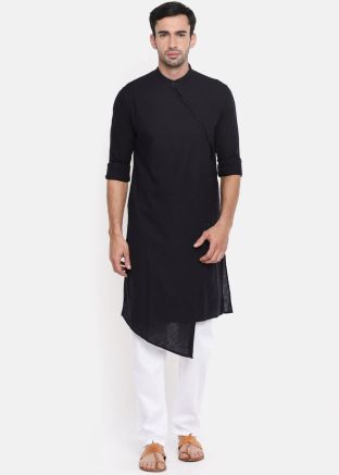 Black Readymade Asymmetric Overlapped Kurta Pajama Set