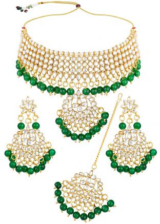 Golden Green Stone Studded Choker Indian Bead Necklace Online Shopping USA