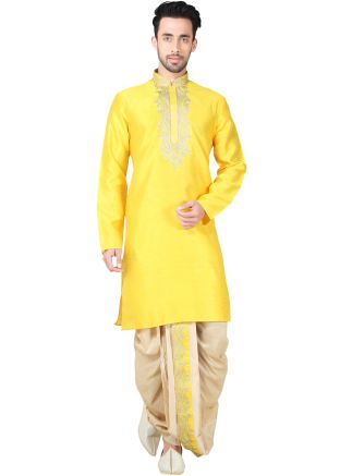 Readymade Yellow Art Silk Dhoti Kurta Set