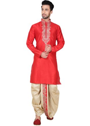 Readymade Red Art Silk Dhoti Kurta Set