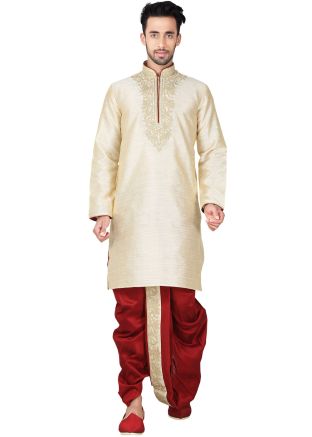 Readymade Cream Art Silk Dhoti Kurta Set