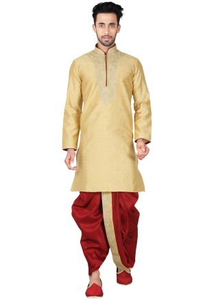 Readymade Beige Art Silk Dhoti Kurta Set
