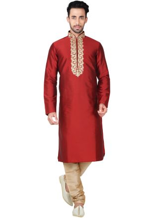Readymade Maroon Art Silk Kurta Pyjama Set