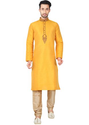 Readymade Yellow Art Silk Kurta Pyjama Set