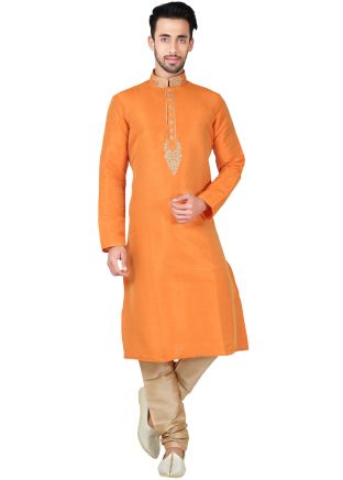 Readymade Light Orange Art Silk Kurta Pyjama Set