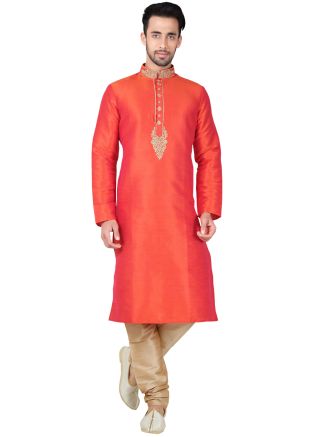 Readymade Red Art Silk Kurta Pyjama Set