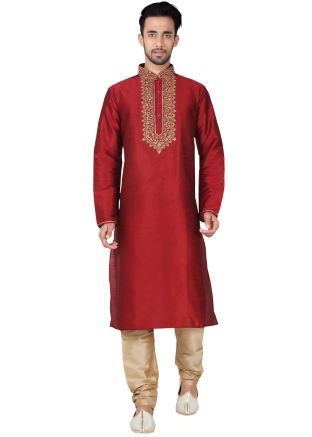 Readymade Maroon Art Silk Kurta Pyjama Set