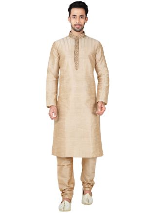 Readymade Beige Art Silk Kurta Pyjama Set
